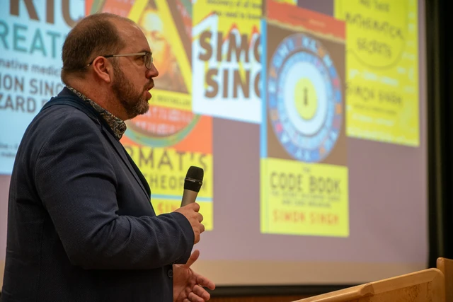 Cordian Riener speaking at the Lie–Størmer Center opening.